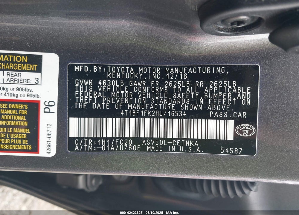 2017 TOYOTA CAMRY VIN: 4T1BF1FK2HU716534