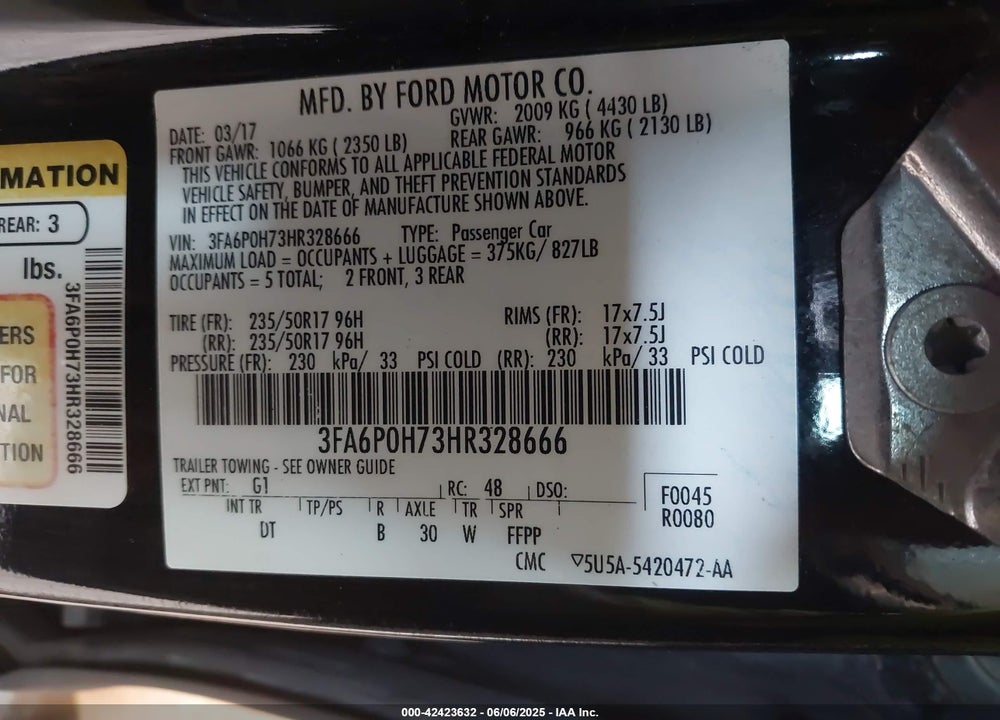 2017 FORD FUSION VIN: 3FA6P0H73HR328666
