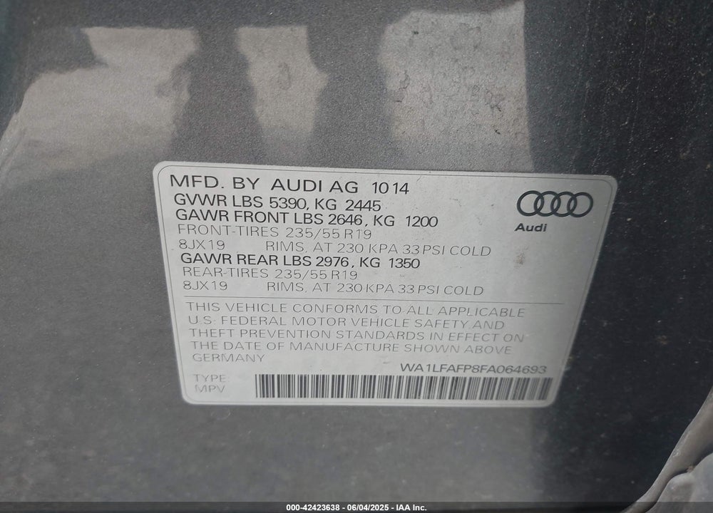 2015 AUDI Q5 2.0T PREMIUM VIN: WA1LFAFP8FA064693