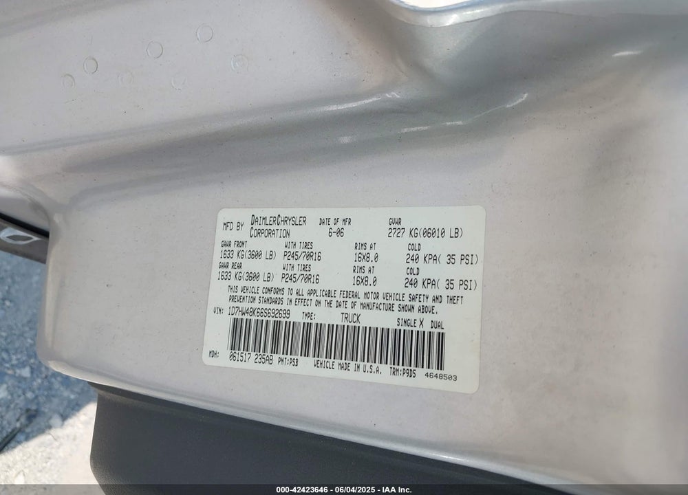 2006 DODGE DAKOTA VIN: 1D7HW48K66S692699