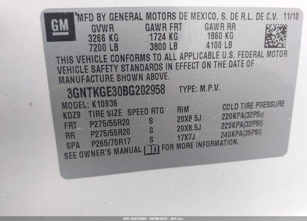2011 CHEVROLET AVALANCHE 1500 LTZ VIN: 3GNTKGE30BG202958