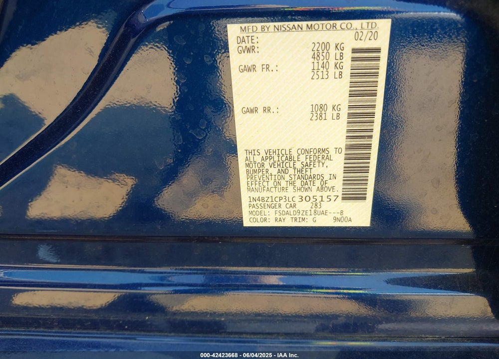 2020 NISSAN LEAF SV PLUS 62 KWH VIN: 1N4BZ1CP3LC305157