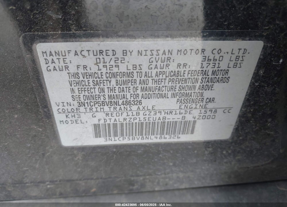 2022 NISSAN KICKS VIN: 3N1CP5BV8NL486326