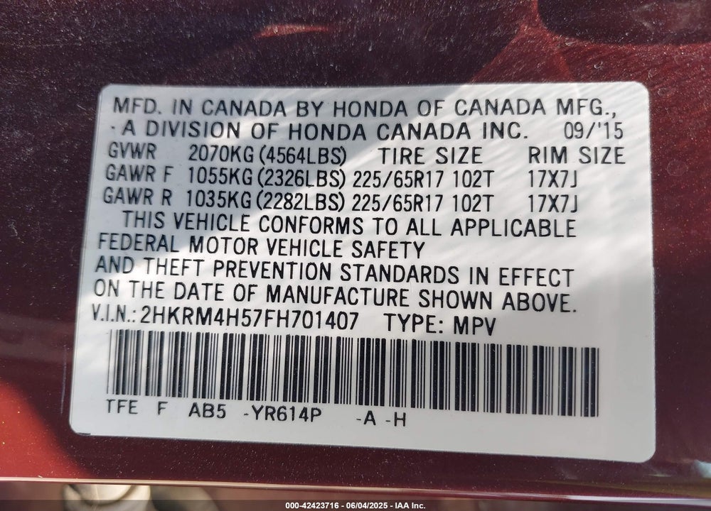 2015 HONDA CR-V VIN: 2HKRM4H57FH701407