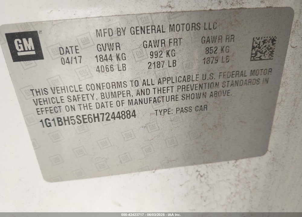 2017 CHEVROLET CRUZE VIN: 1G1BH5SE6H7244884