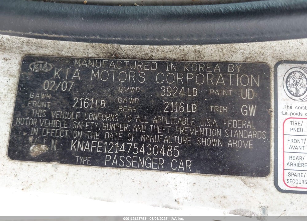 2007 KIA SPECTRA EX VIN: KNAFE121475430485
