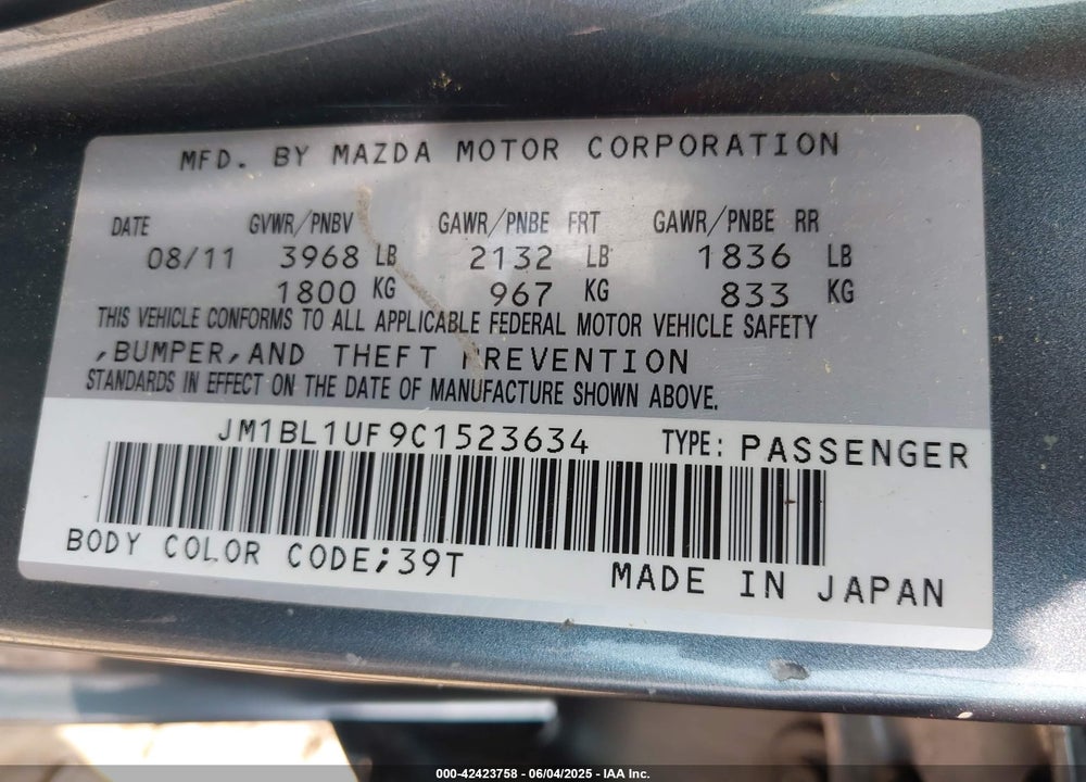 2012 MAZDA 3 I SPORT VIN: JM1BL1UF9C1523634