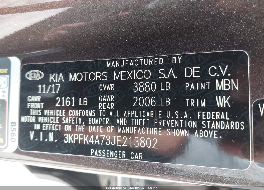 2018 KIA FORTE VIN: 3KPFK4A73JE213802