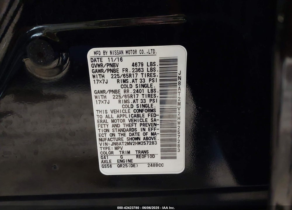 2017 NISSAN ROGUE S VIN: JN8AT2MV2HW257283