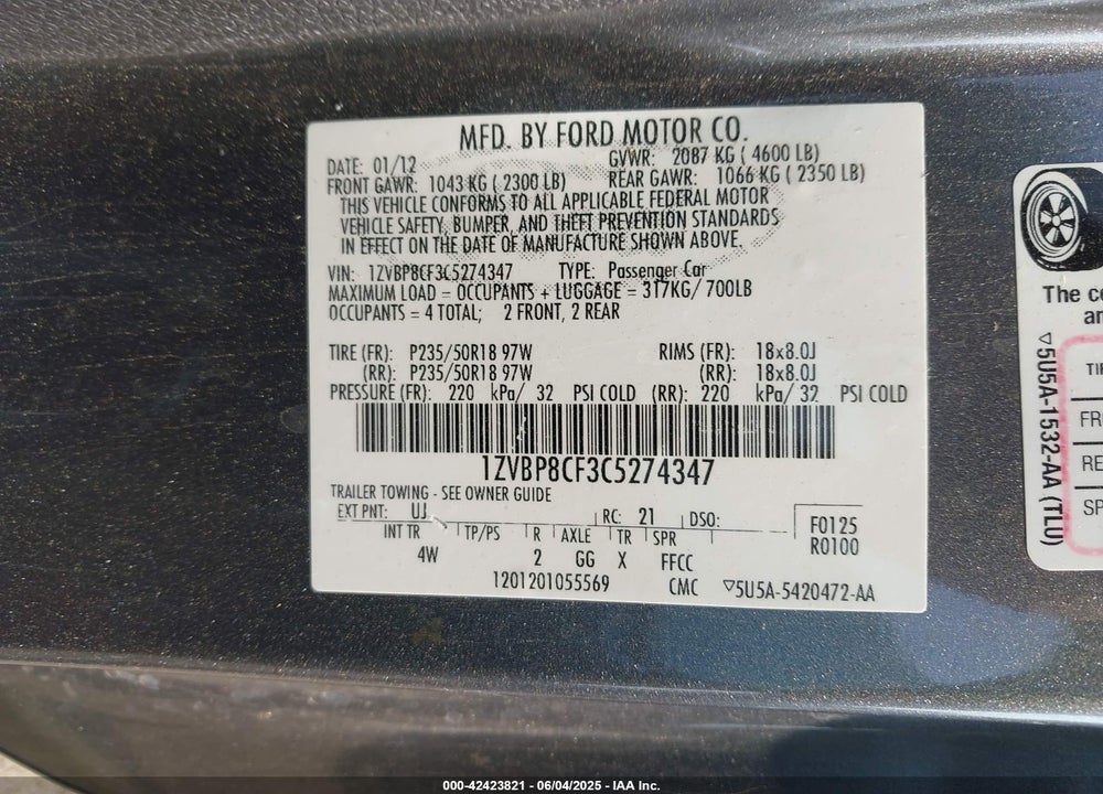 2012 FORD MUSTANG GT PREMIUM VIN: 1ZVBP8CF3C5274347