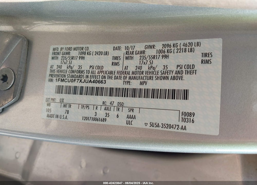 2018 FORD ESCAPE VIN: 1FMCU0F7XJUA40663
