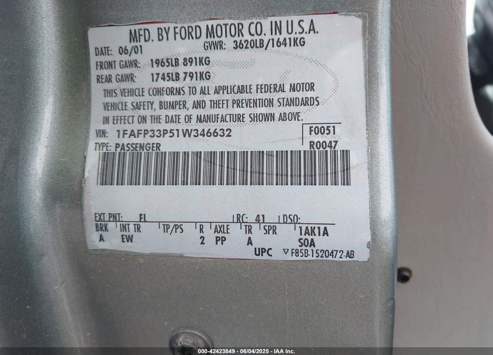 2005 FORD FOCUS ZX4 VIN: 1FAFP34N85W231459