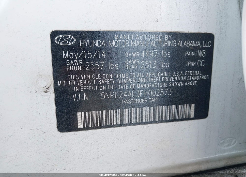 2015 HYUNDAI SONATA SE VIN: 5NPE24AF3FH002573