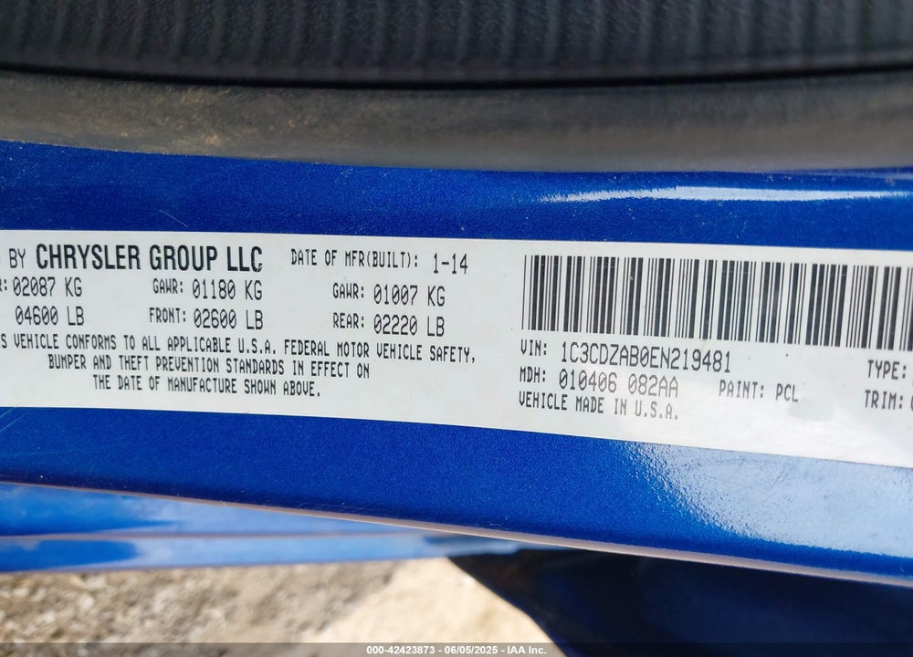 2014 DODGE AVENGER VIN: 1C3CDZAB0EN219481