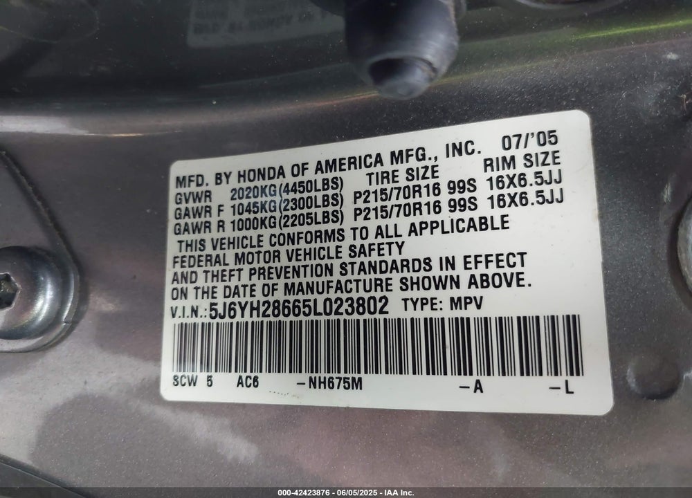 2005 HONDA ELEMENT VIN: 5J6YH28665L023802