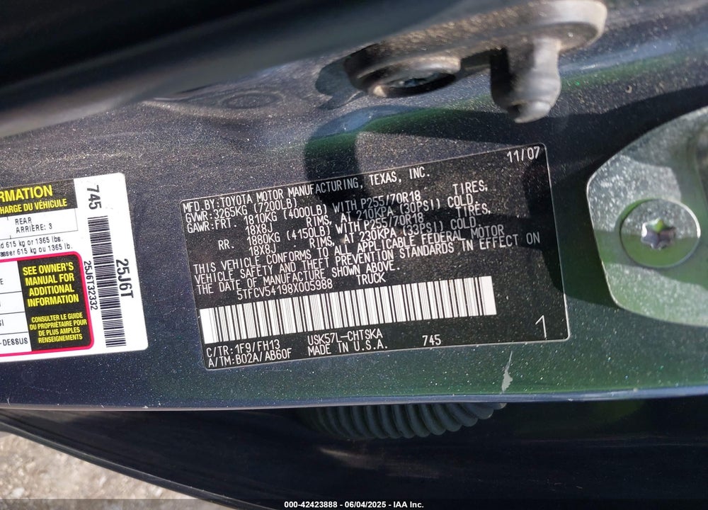 2008 TOYOTA TUNDRA BASE 5.7L V8 VIN: 5TFCV54198X005988