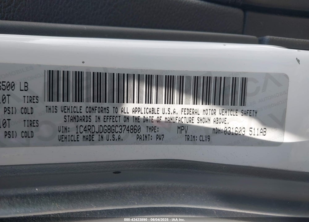 2016 DODGE DURANGO VIN: 1C4RDJDG8GC374860
