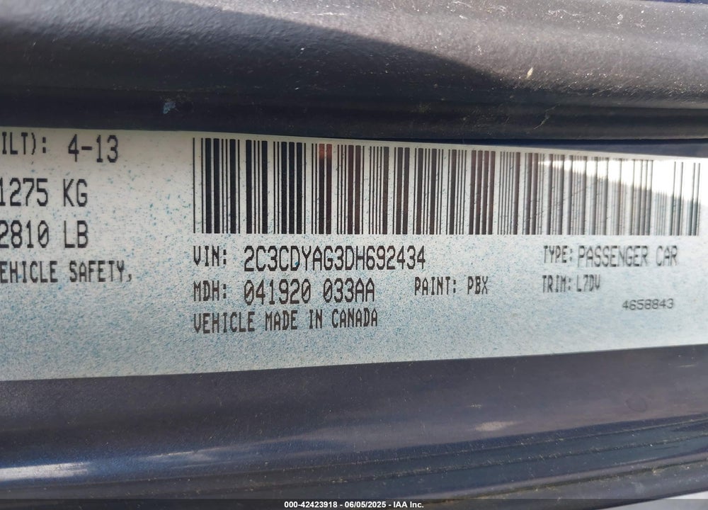 2013 DODGE CHALLENGER VIN: 2C3CDYAG3DH692434