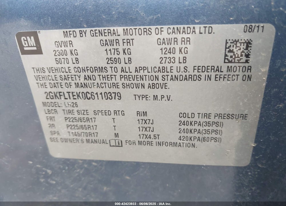 2012 GMC TERRAIN VIN: 2GKFLTEK0C6110379