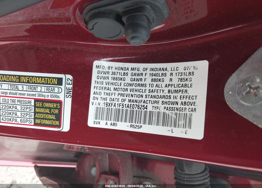 2010 HONDA CIVIC LX VIN: 19XFA1F51AE076254