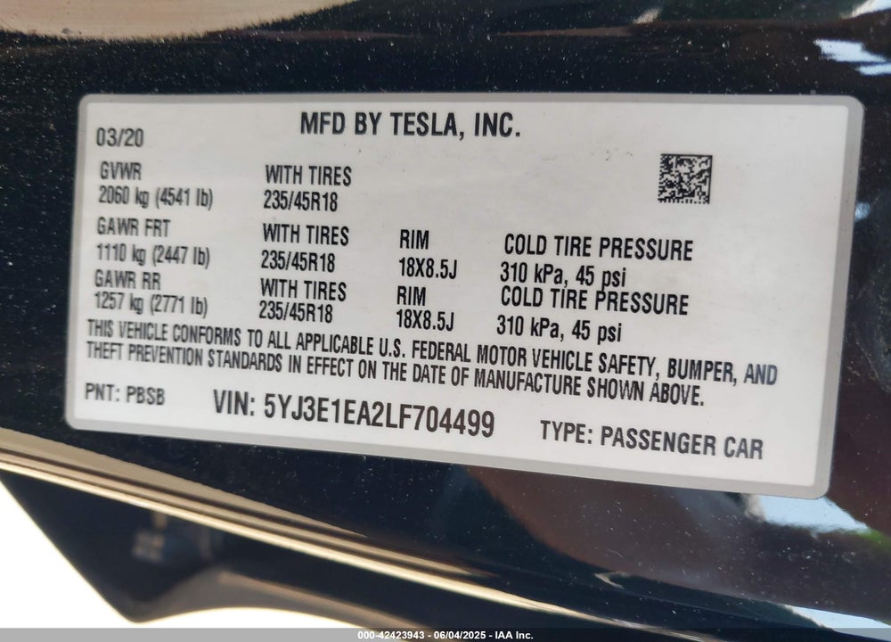 2020 TESLA MODEL 3 VIN: 5YJ3E1EA2LF704499