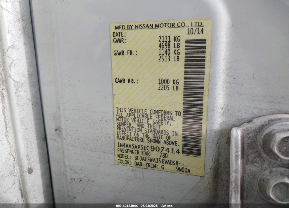 2014 NISSAN MAXIMA VIN: 1N4AA5AP5EC907414