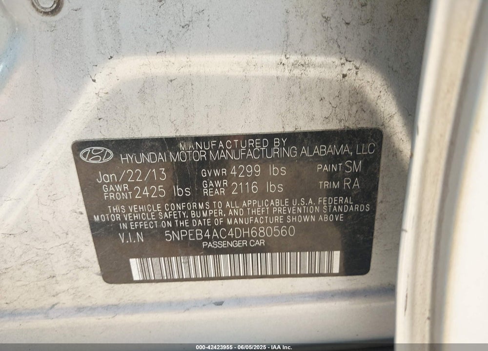2013 HYUNDAI SONATA VIN: 5NPEB4AC4DH680560