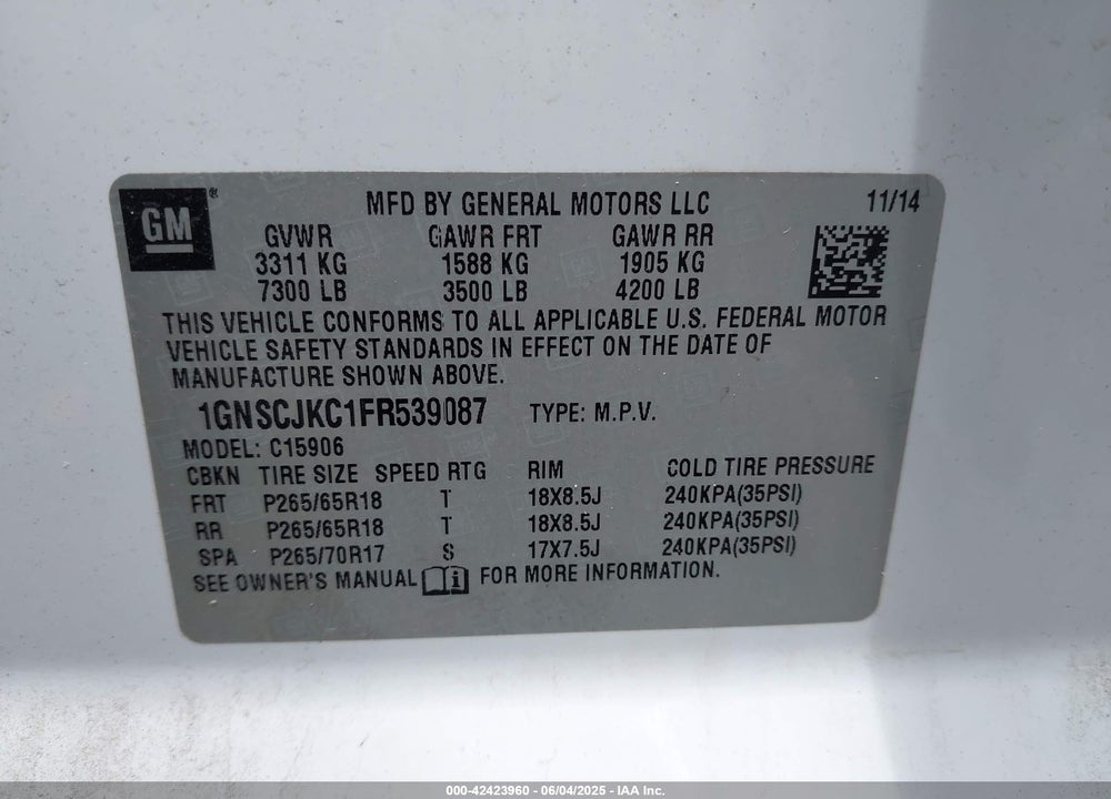 2015 CHEVROLET SUBURBAN VIN: 1GNSCJKC1FR539087