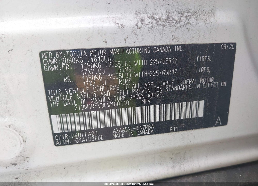 2020 TOYOTA RAV4 XLE VIN: 2T3W1RFV3LW100110