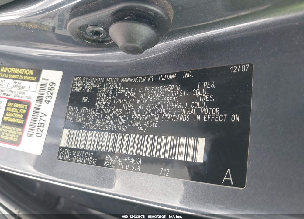 2008 TOYOTA SIENNA LE VIN: 5TDZK23C38S151460