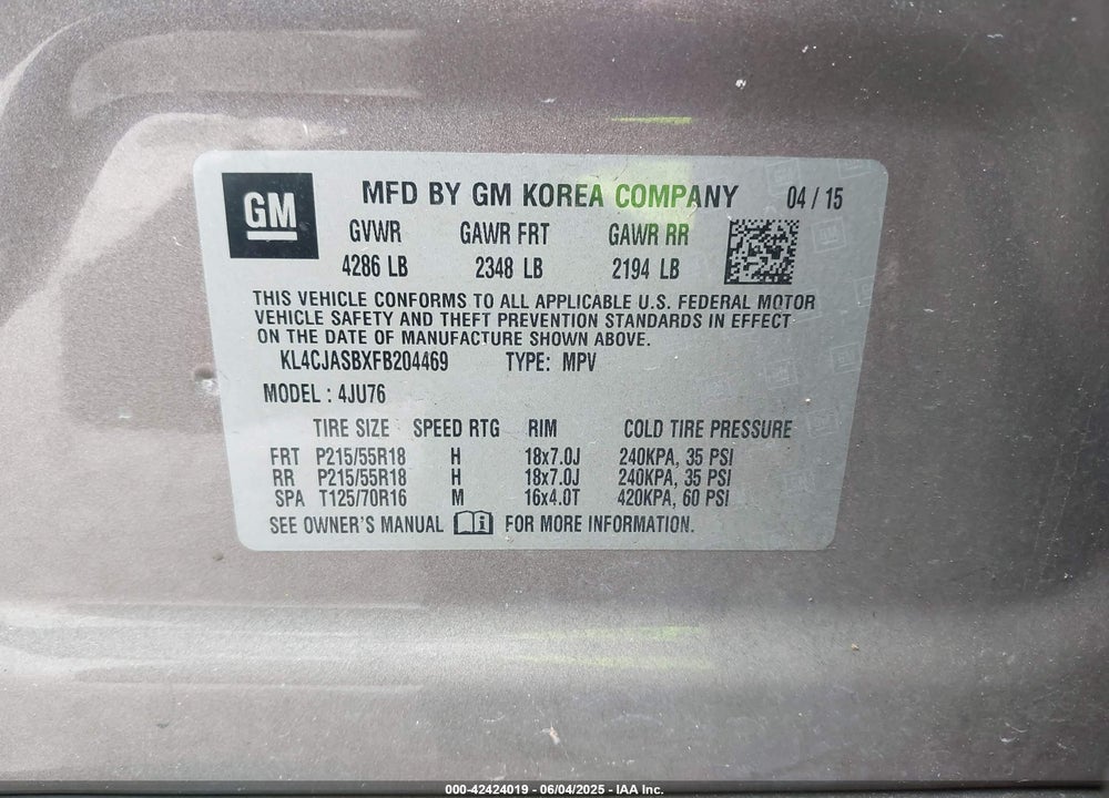 2015 BUICK ENCORE VIN: KL4CJASBXFB204469