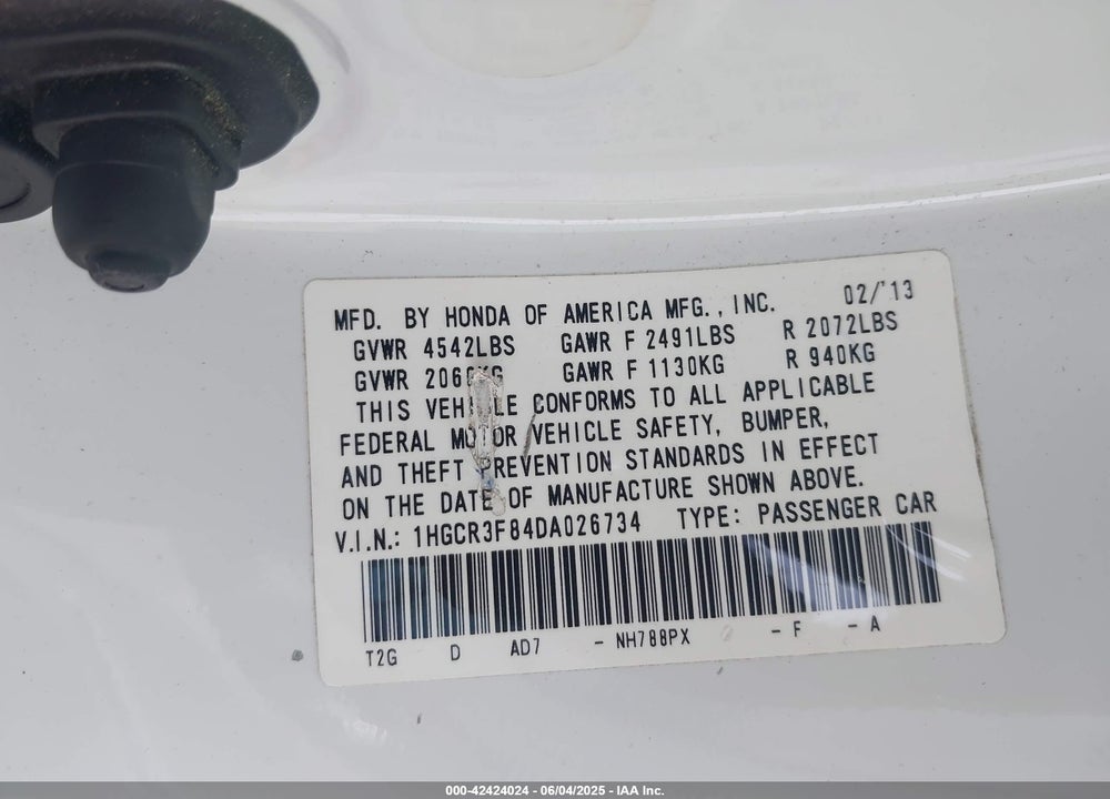 2013 HONDA ACCORD VIN: 1HGCR3F84DA026734