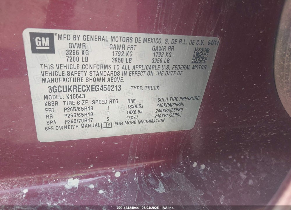 2014 CHEVROLET SILVERADO 1500 VIN: 3GCUKRECXEG450213