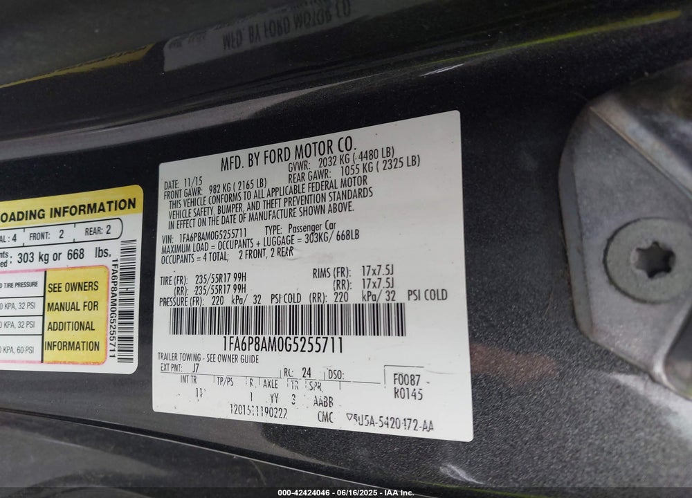 2016 FORD MUSTANG VIN: 1FA6P8AM0G5255711