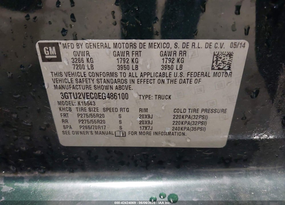 2014 GMC SIERRA 1500 VIN: 3GTU2VEC0EG486100