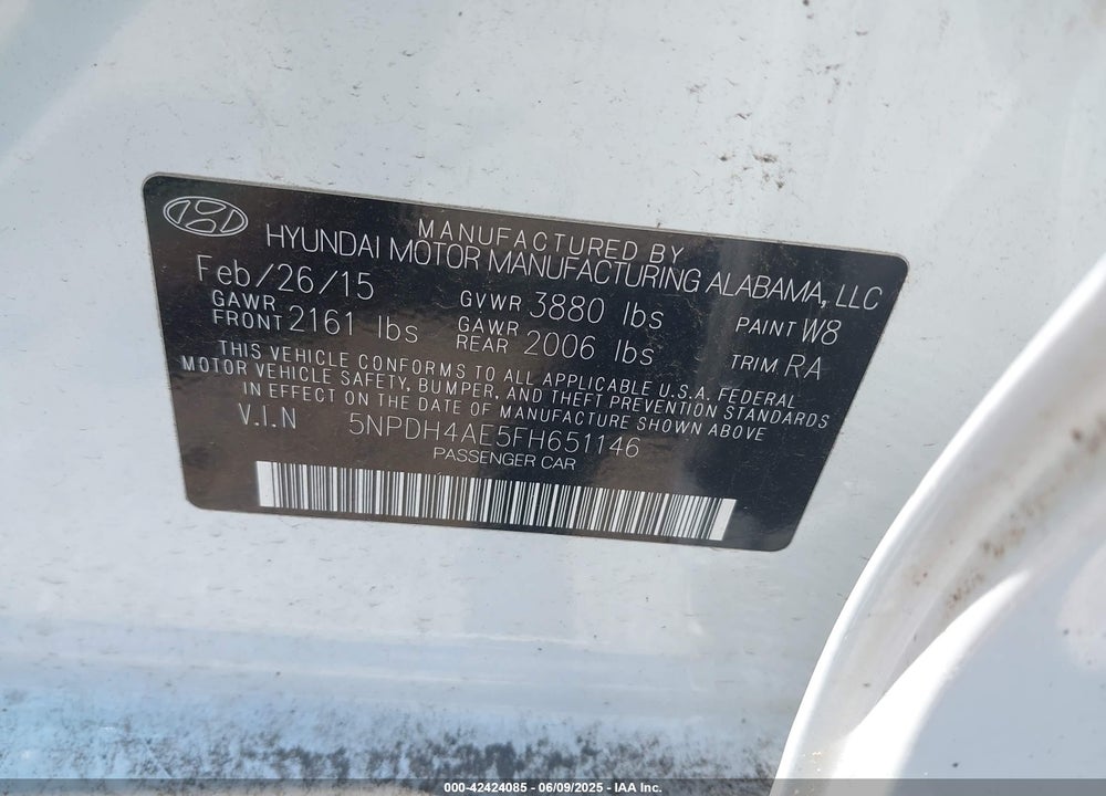 2015 HYUNDAI ELANTRA VIN: 5NPDH4AE5FH651146