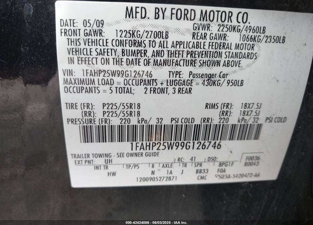 2009 FORD TAURUS VIN: 1FAHP25W99G126746