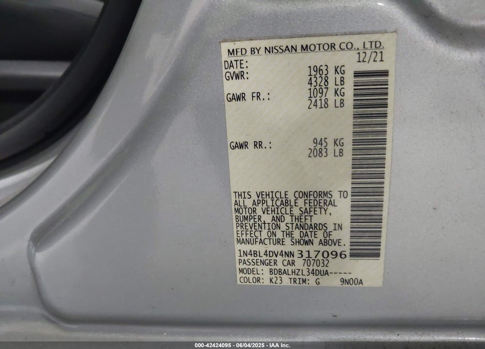 2022 NISSAN ALTIMA SV FWD VIN: 1N4BL4DV4NN317096