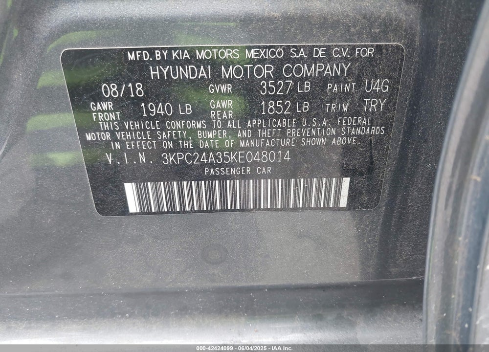 2019 HYUNDAI ACCENT VIN: 3KPC24A35KE048014