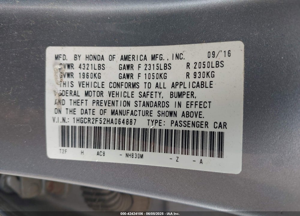2017 HONDA ACCORD SPORT VIN: 1HGCR2F52HA064887