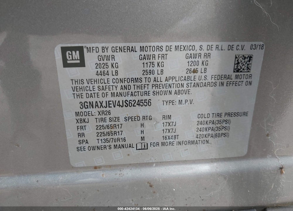 2018 CHEVROLET EQUINOX LT VIN: 3GNAXJEV4JS624556