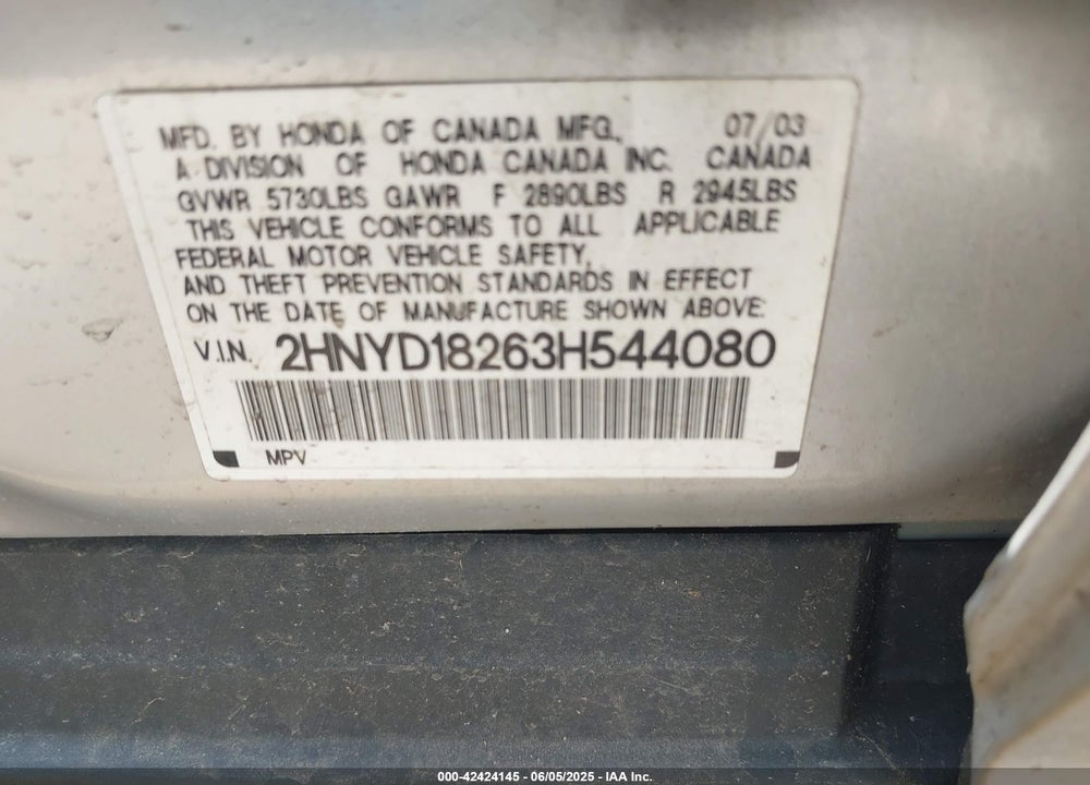 2003 ACURA MDX VIN: 2HNYD18263H544080