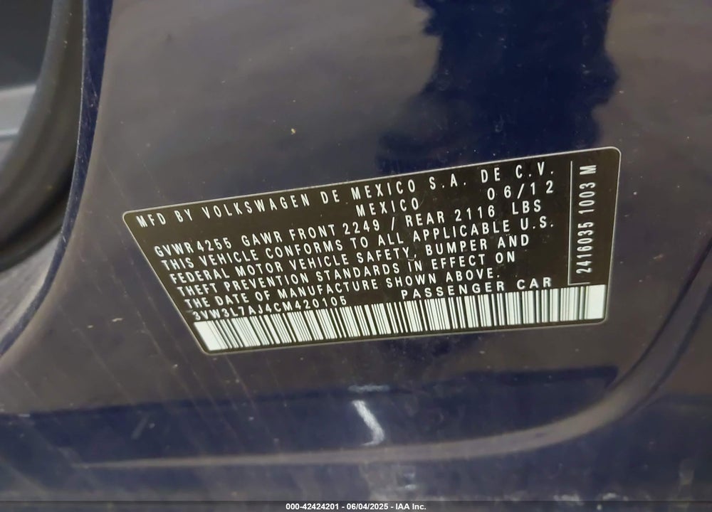 2012 VOLKSWAGEN JETTA VIN: 3VW3L7AJ4CM420105