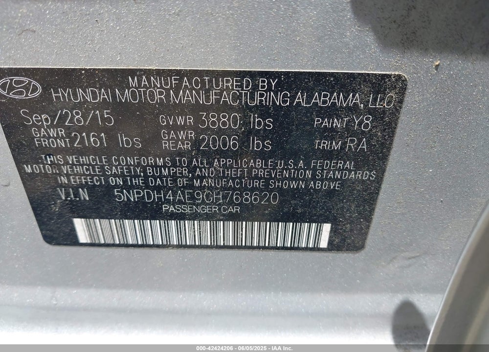 2016 HYUNDAI ELANTRA SE VIN: 5NPDH4AE9GH768620