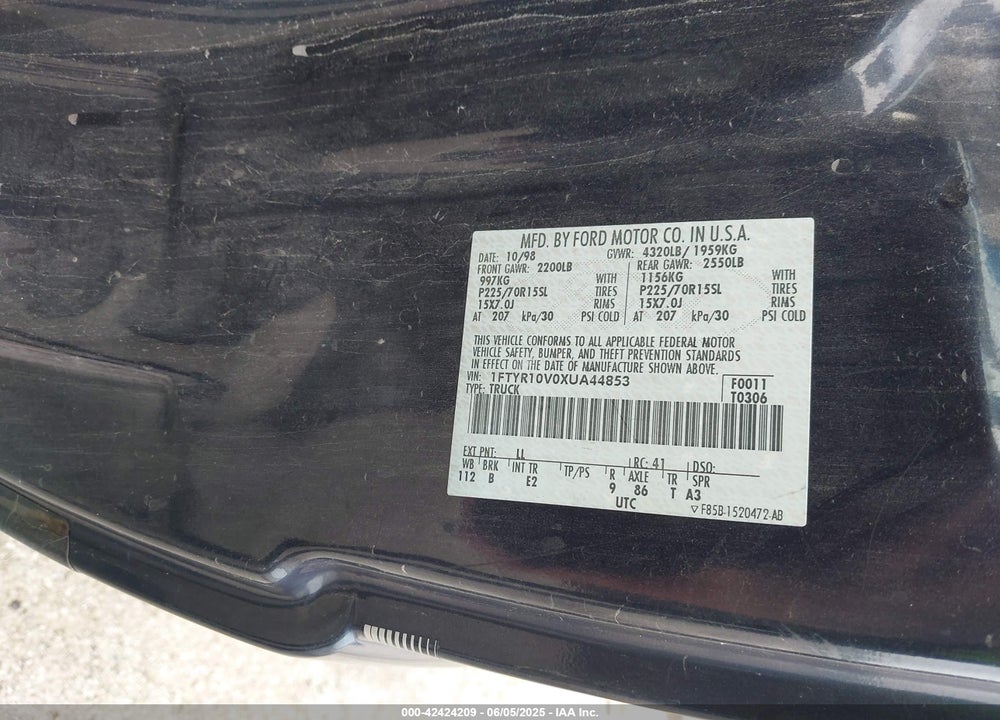 1999 FORD RANGER VIN: 1FTYR10V0XUA44853