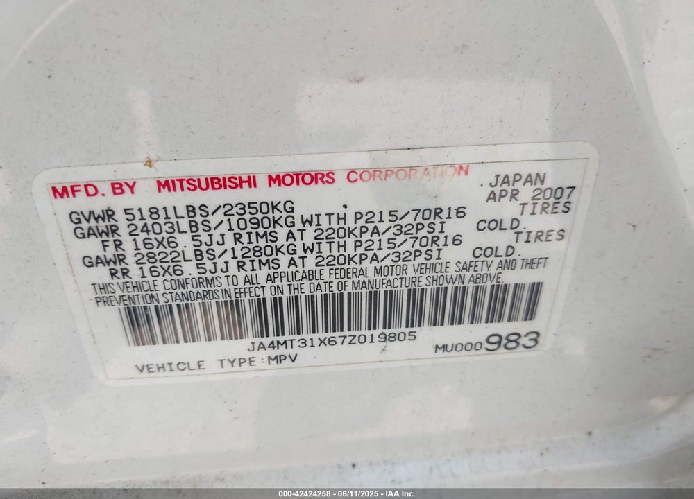 2007 MITSUBISHI OUTLANDER LS VIN: JA4MT31X67Z019805