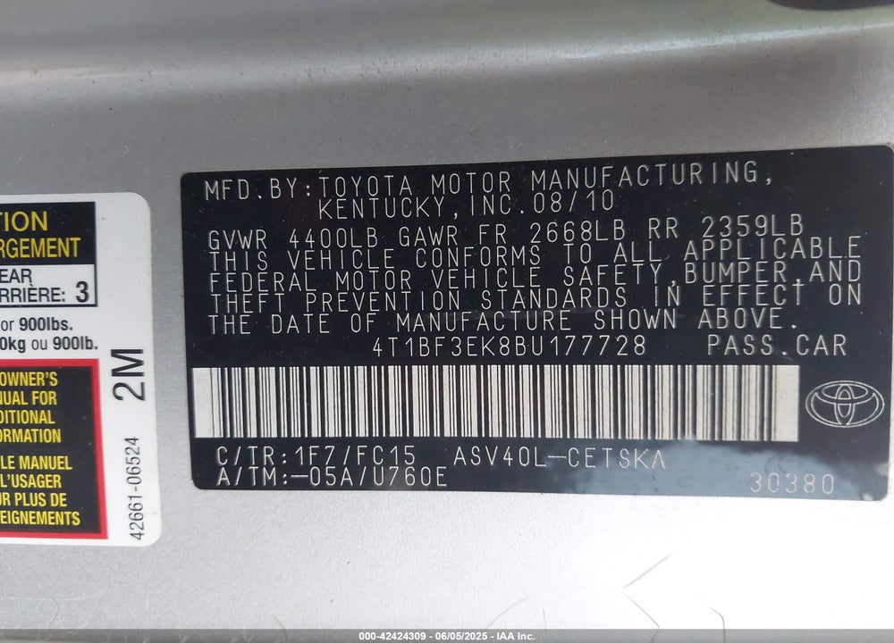 2011 TOYOTA CAMRY SE VIN: 4T1BF3EK8BU177728