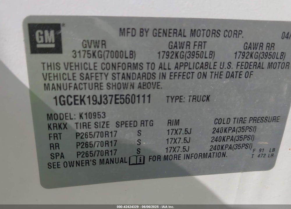2007 CHEVROLET SILVERADO 1500 LT1 VIN: 1GCEK19J37E560111