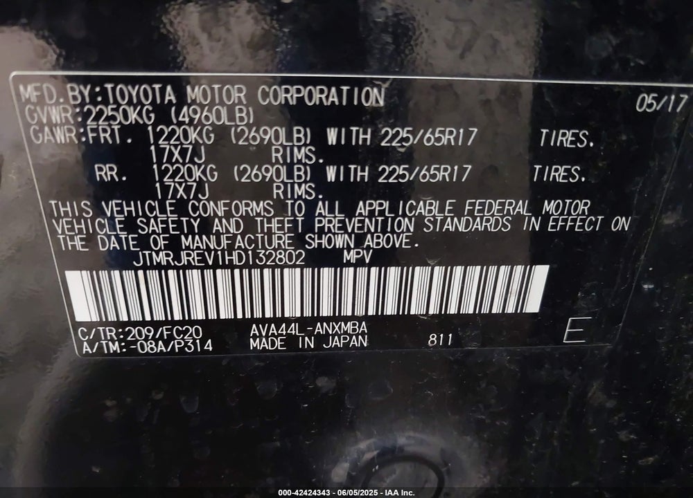 2017 TOYOTA RAV4 HYBRID VIN: JTMRJREV1HD132802