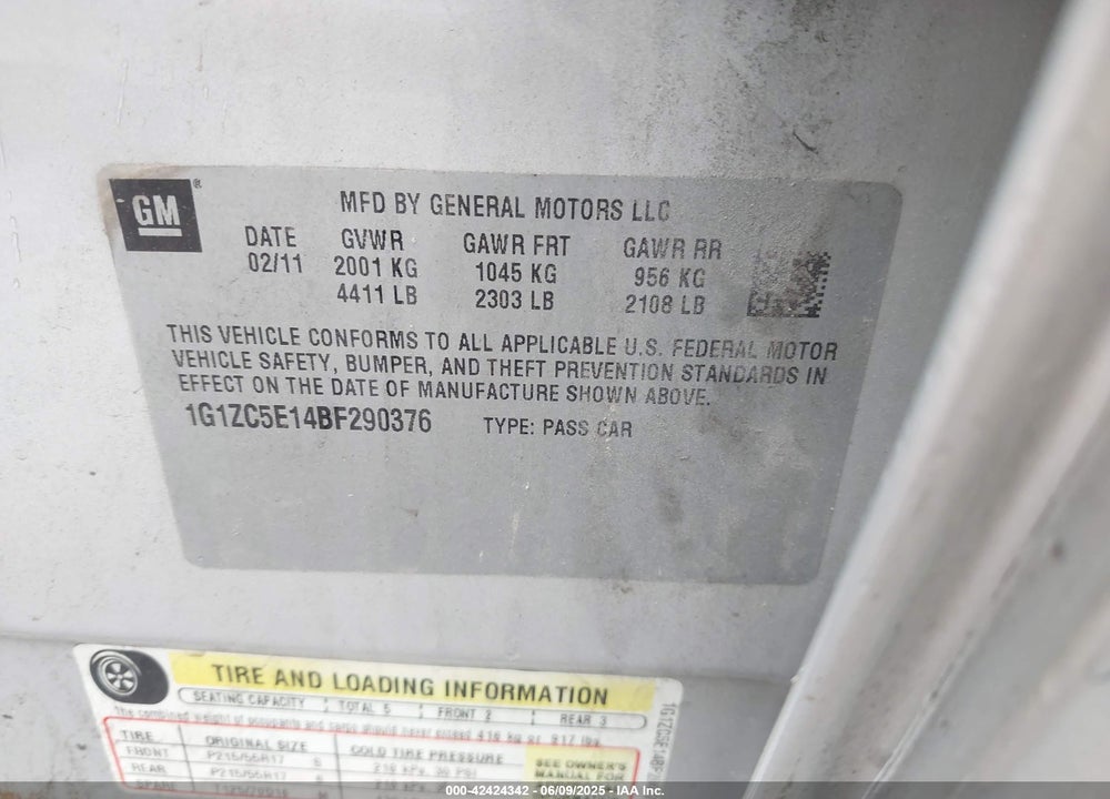 2011 CHEVROLET MALIBU VIN: 1G1ZC5E14BF290376